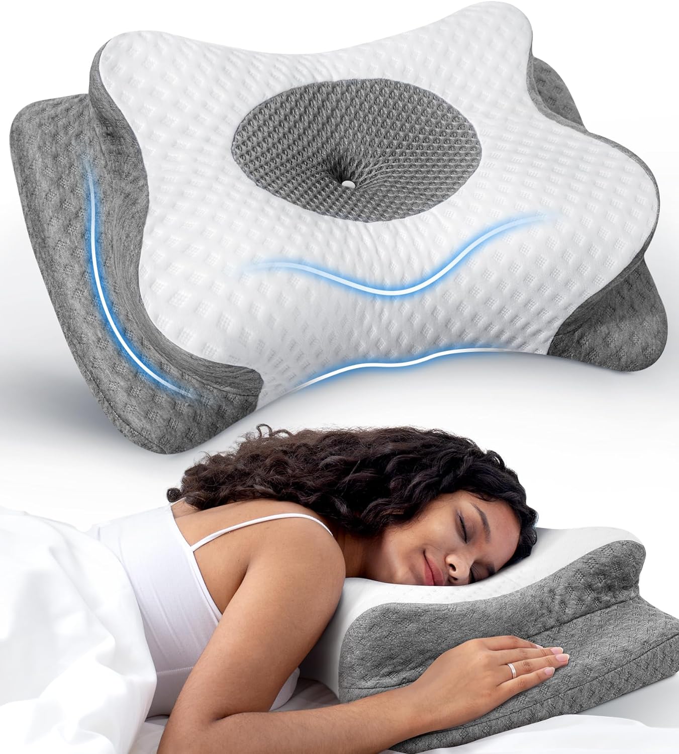 No More Aches Neck Pillow for Pain Relief, Adjustable Cervical Support with Armrest, Odorless Ergonomic Contour Memory Foam Pillows,Orthopedic Bed Side Back Stomach Sleeping